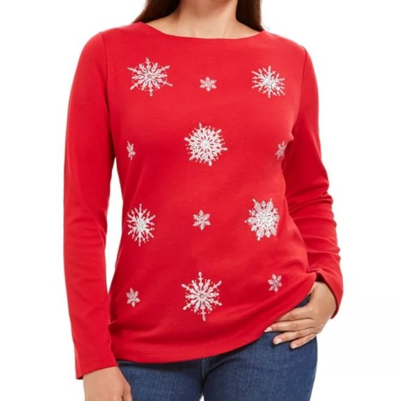 Karen Scott Red Long Sleeve Top W/ Snow Flakes Medium - Picture 1 of 4